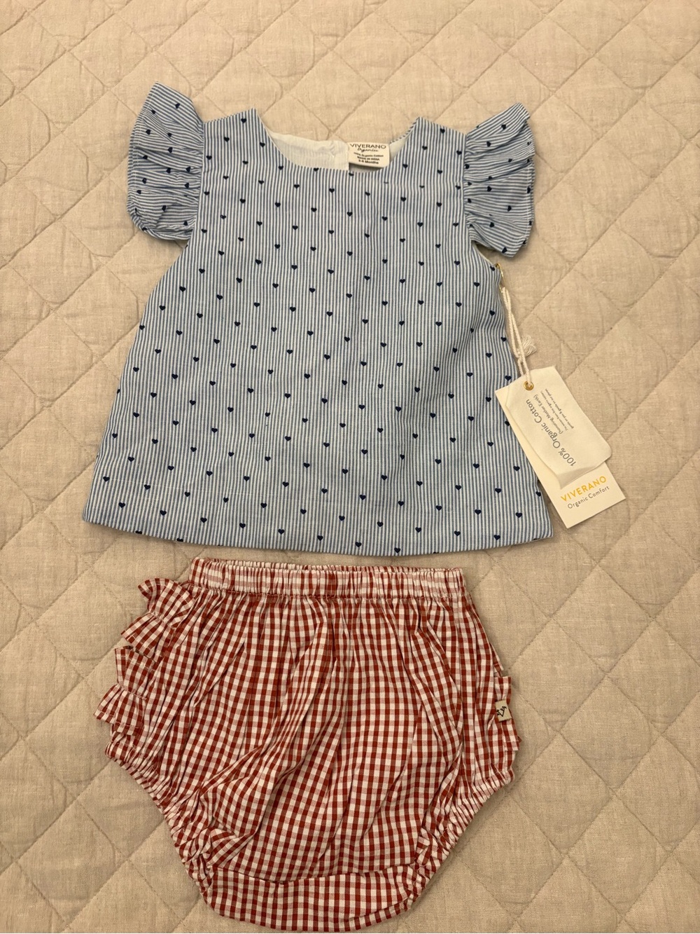 Viverano Organics Blue Stripe Dot Top & Red Gingham Set